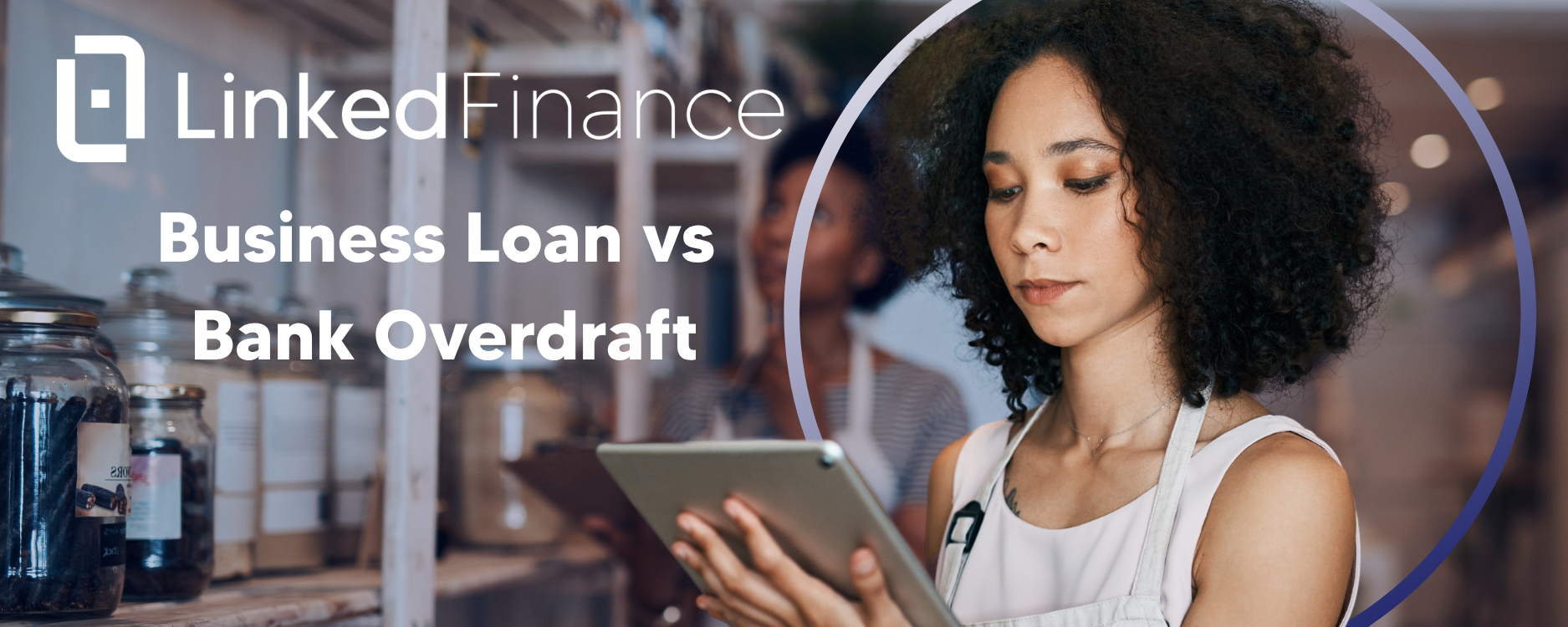 A young girl is placing an order in a busy coffee shop while the business owner is thinking, should I get a loan with Linked Finance or use the business overdraft